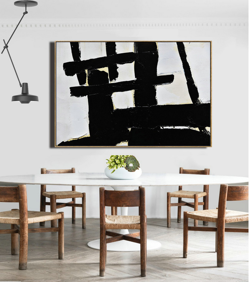 Huge Abstract Canvas Art,Horizontal Palette Knife Minimal Canvas Art Painting Black White Beige - Modern Art Abstract Painting